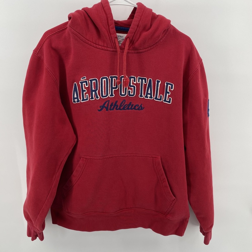 VTG Aeropostale Hoodie Sweatshirt Mens Medium Red Athletics Fleece Pullover‎ y2k